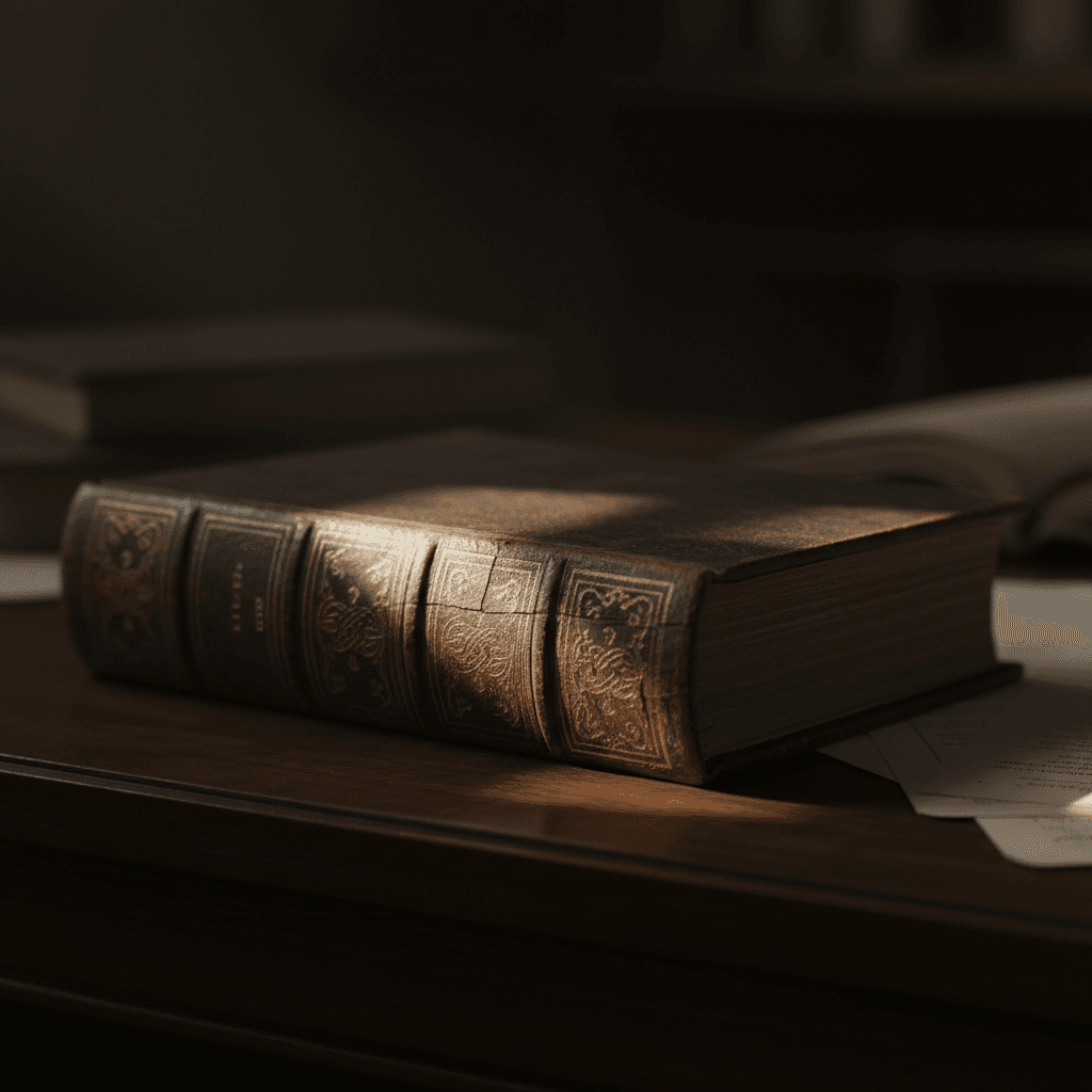 Leather-bound book on a dark desk