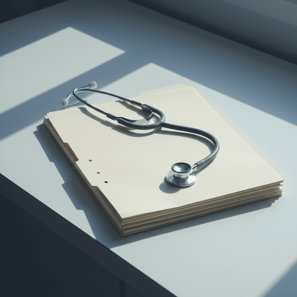Stethoscope on folders on a counter