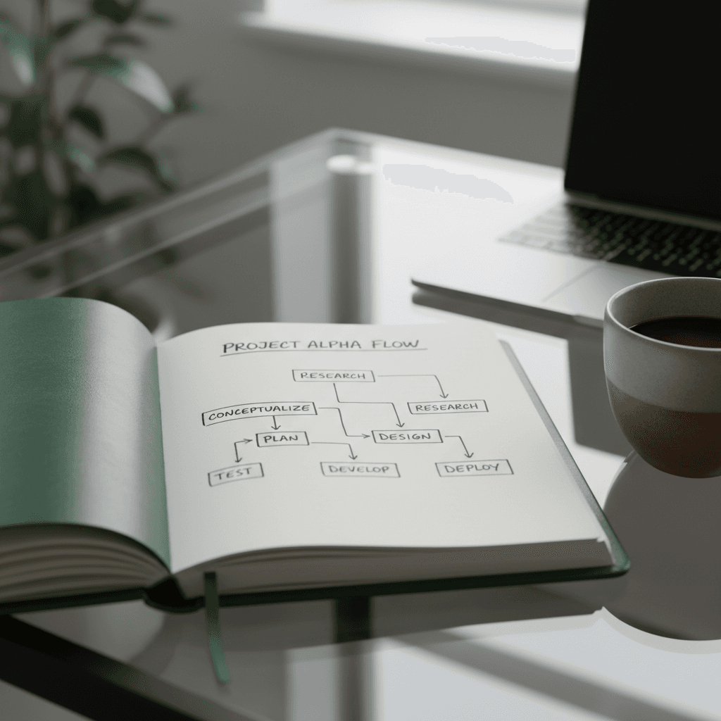 Handwritten workflow notes in a leather notebook