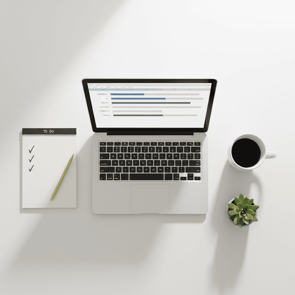 Flat lay of desk with laptop and notepad