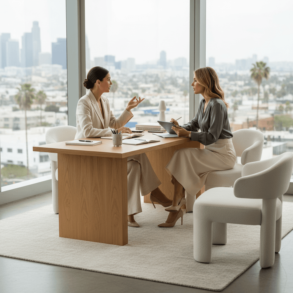 Two women having a professional consultation in a modern office