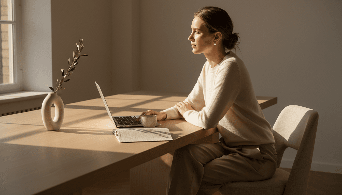 Woman at clean desk with laptop, notebook, and coffee in natural light