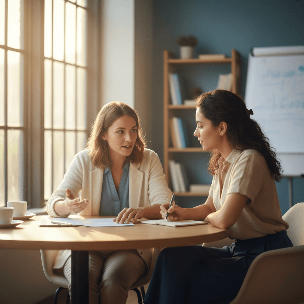 Two women reviewing a document at a conference table