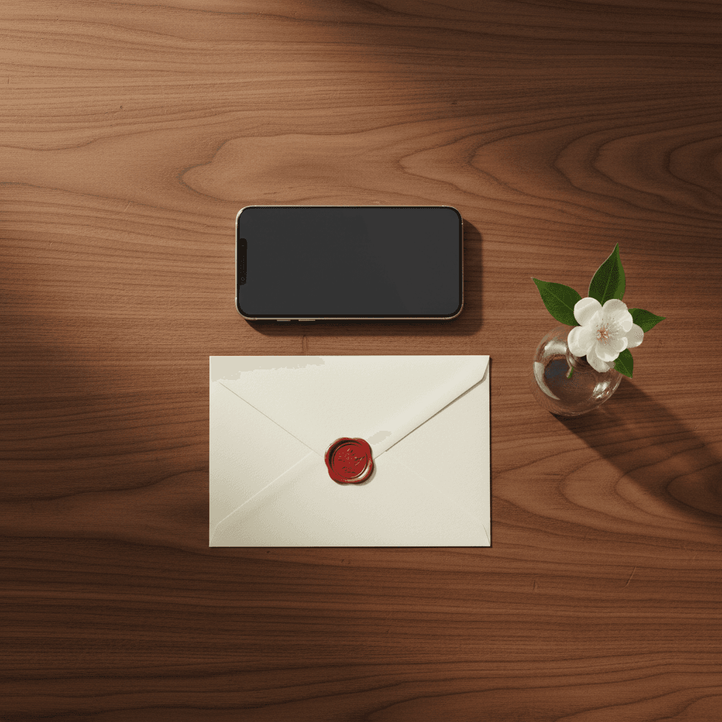 Polished desk with phone and envelope