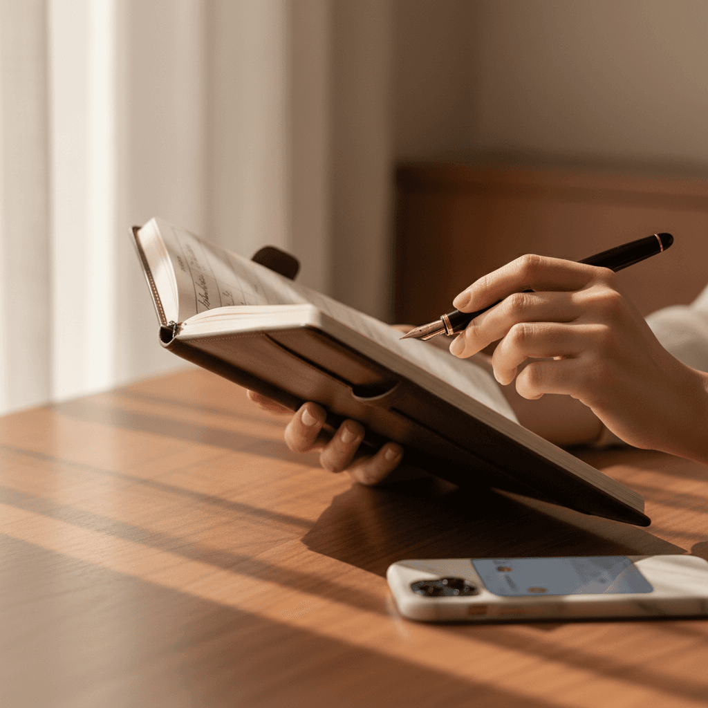 Hands holding a planner and pen on a desk