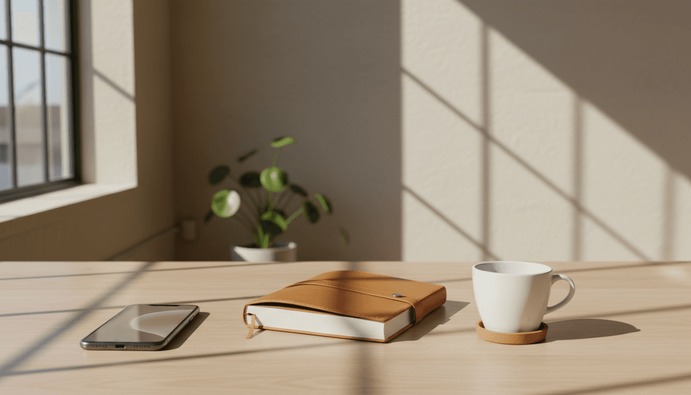 Sunlit minimalist desk with notebook and coffee cup