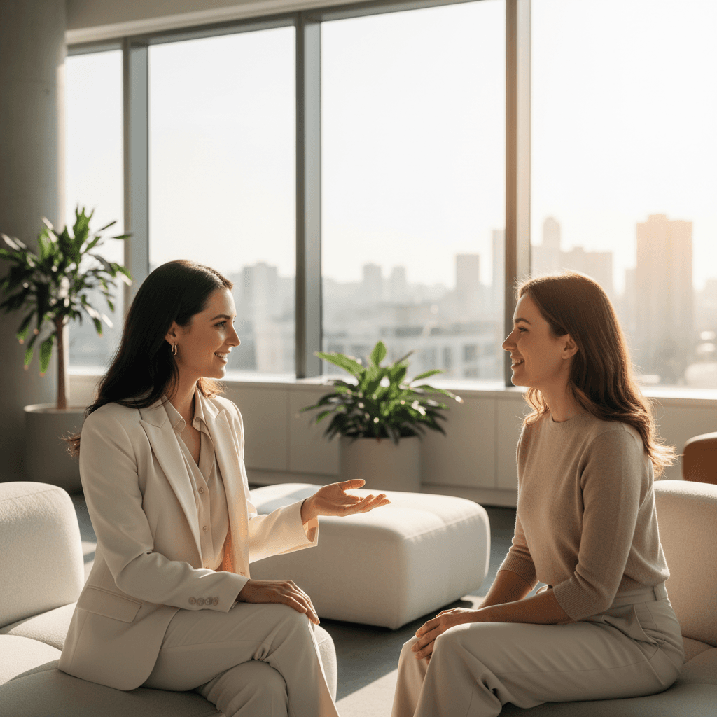 Two women having a conversation in a bright office