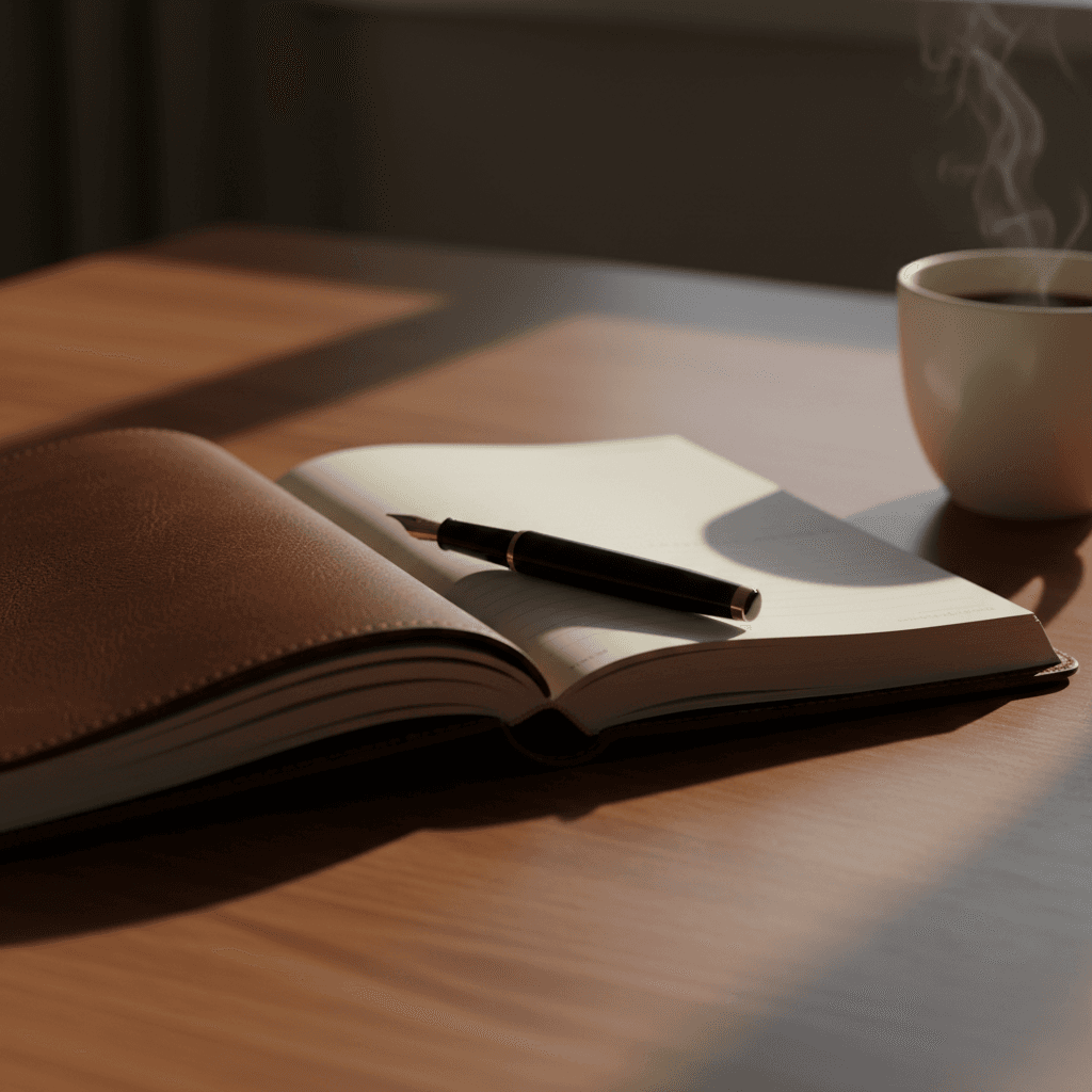 Leather planner on a desk with a fountain pen