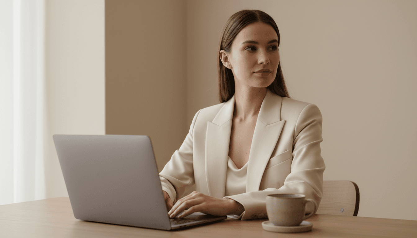 Woman in neutral blazer at a minimalist desk, looking thoughtfully to the side