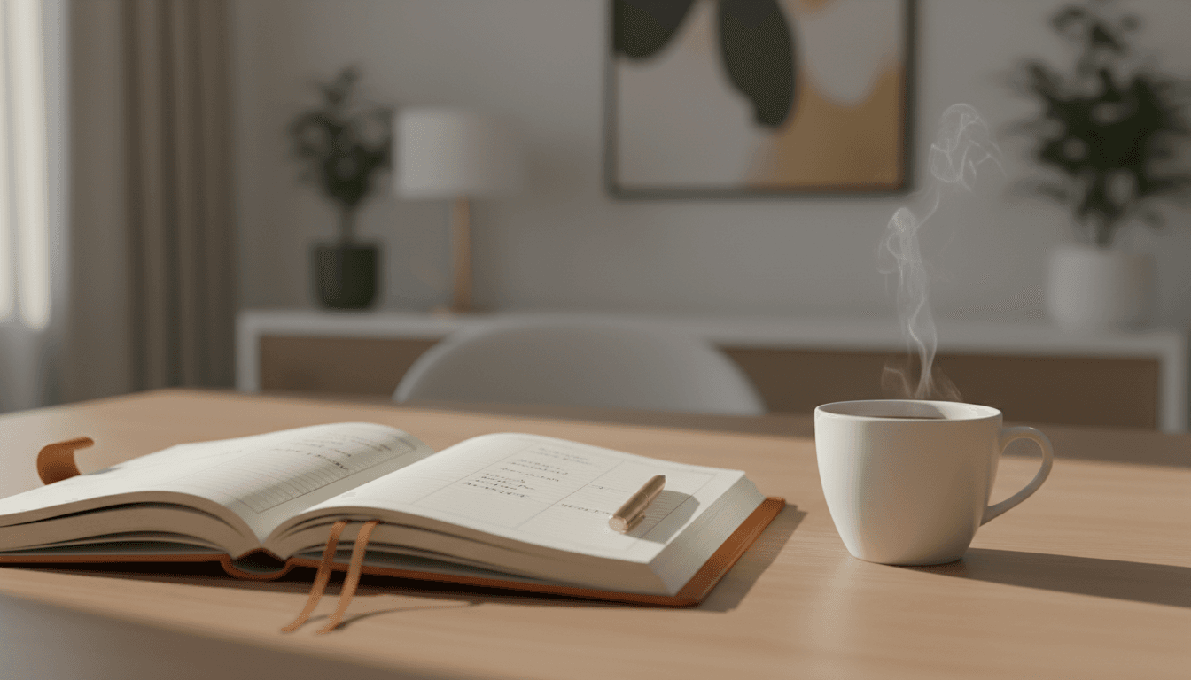 Organized luxury workspace with planner and coffee in soft morning light