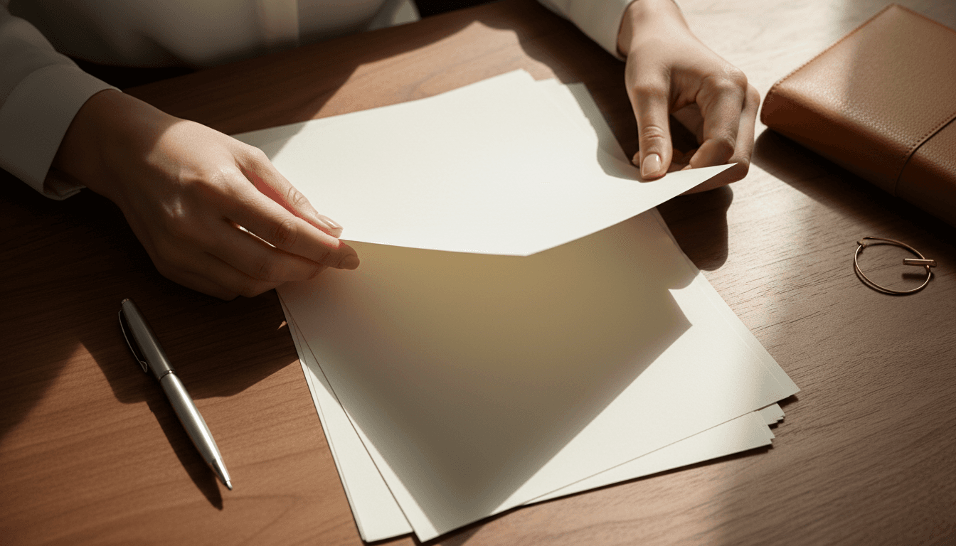 Hands sorting papers on walnut desk
