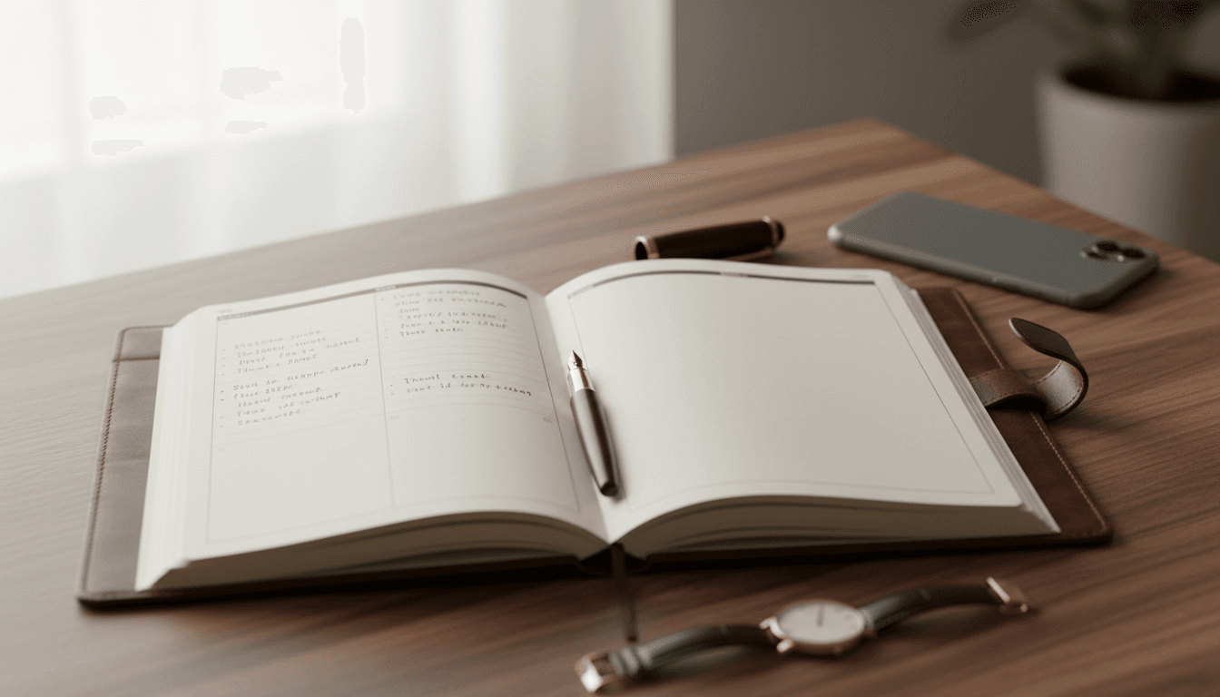 Open leather planner with handwritten notes, fountain pen, and gold watch on a walnut desk