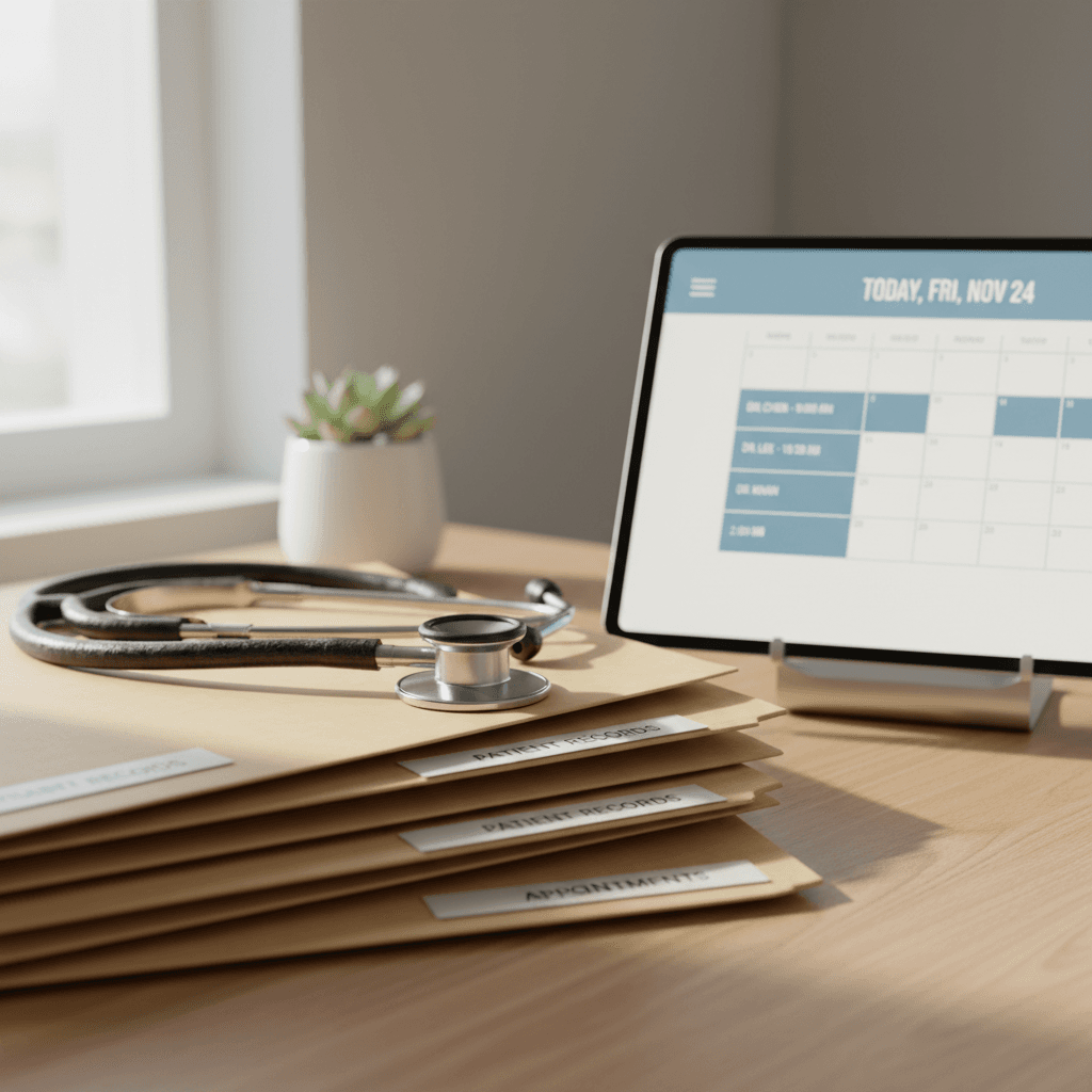 Stethoscope and folders on a desk