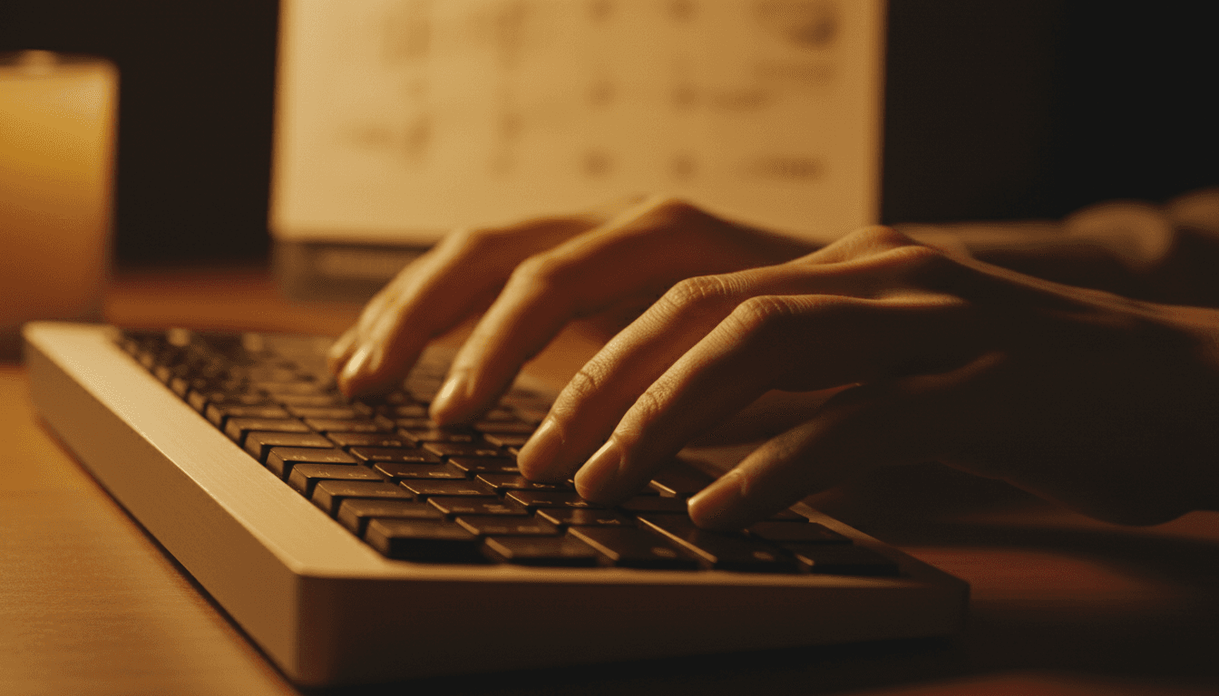 Hands typing on keyboard with calendar in soft focus