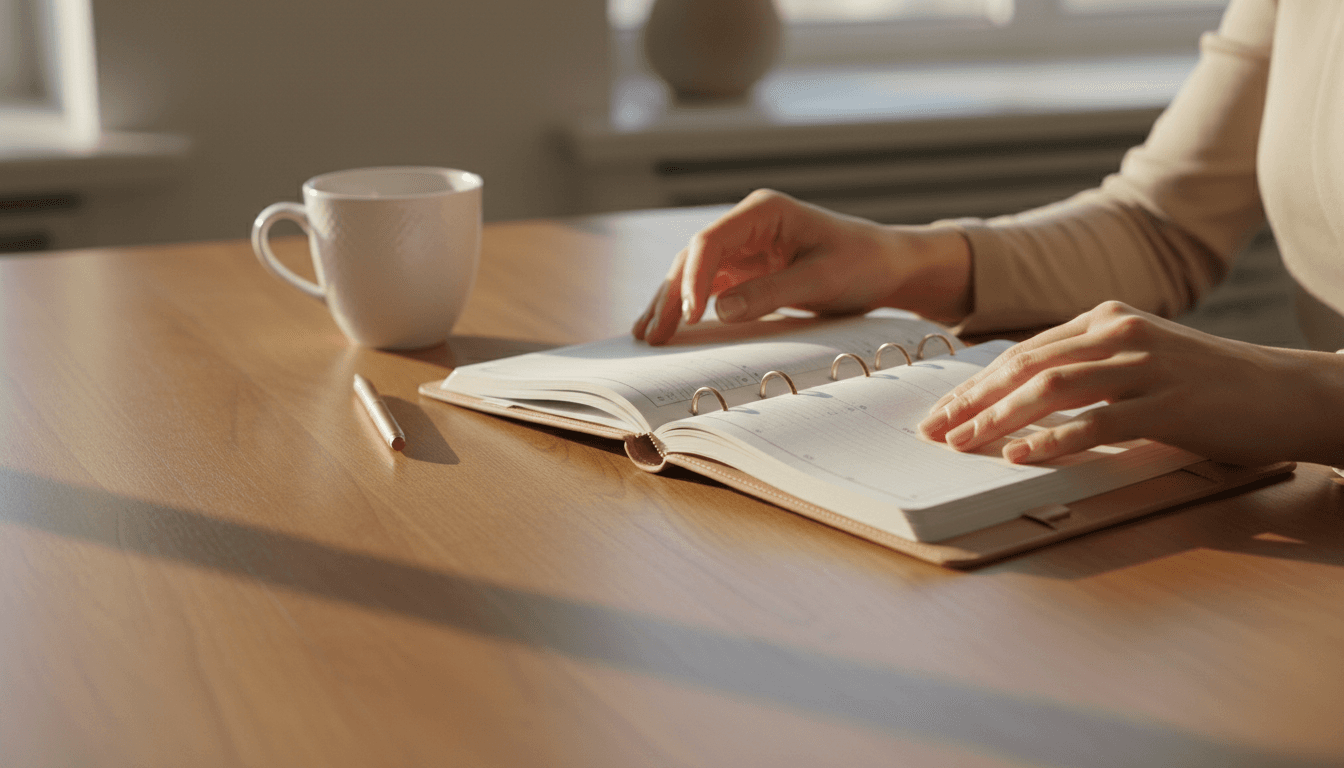 Close-up of hands organizing a leather planner on a wooden desk with coffee