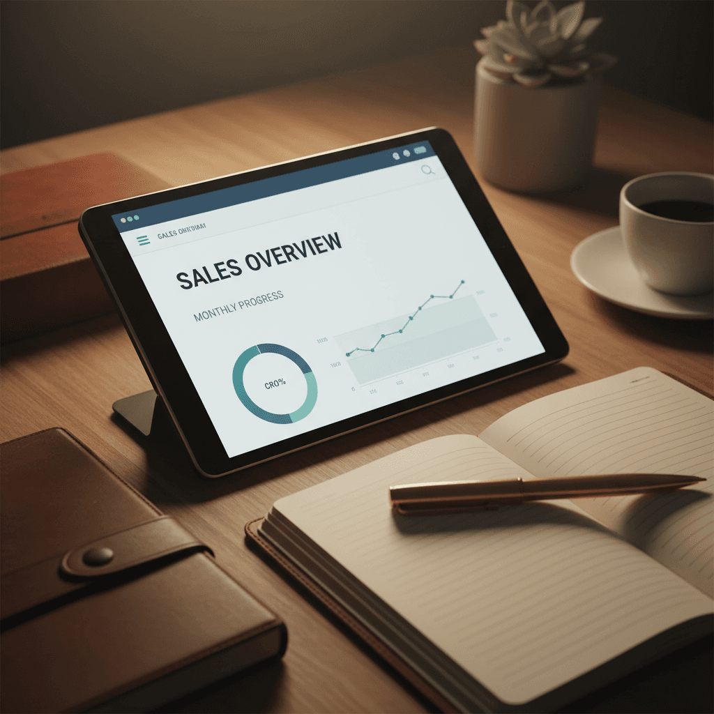 Tablet showing CRM dashboard on a desk