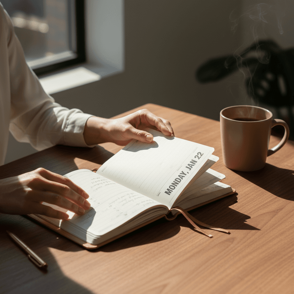 Hands organizing a leather planner on a walnut desk