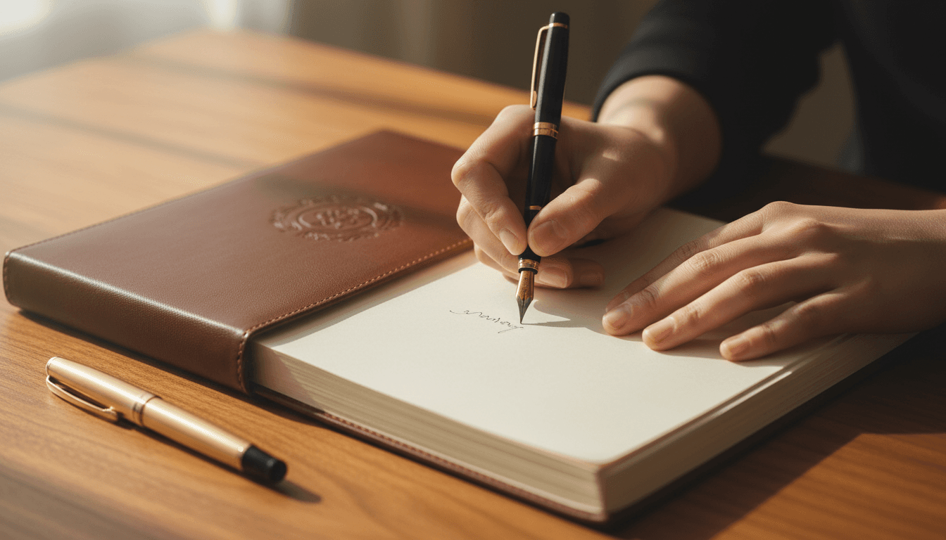 Hands writing in a leather notebook on a warm wood desk
