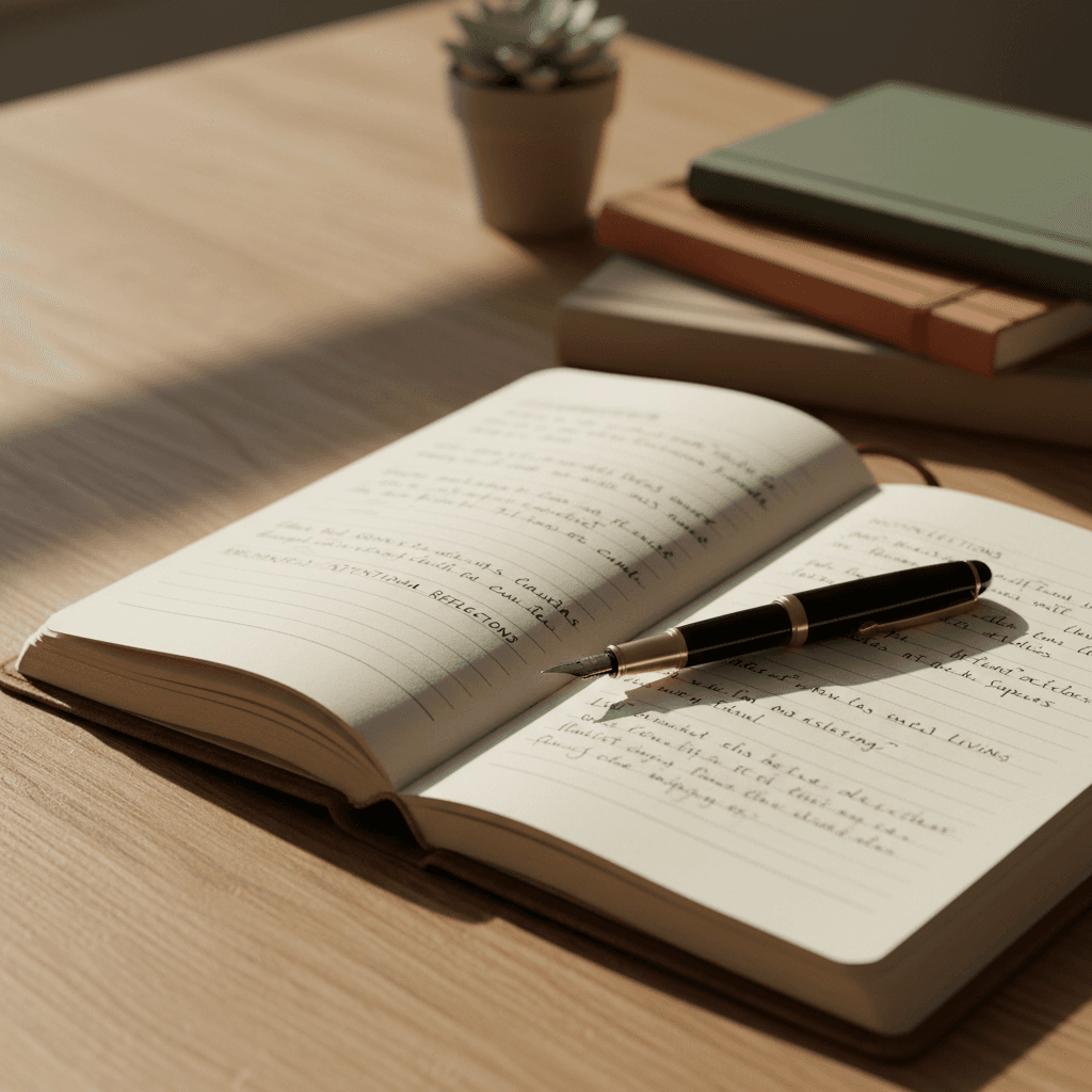 Open leather planner with fountain pen on marble desk in morning light