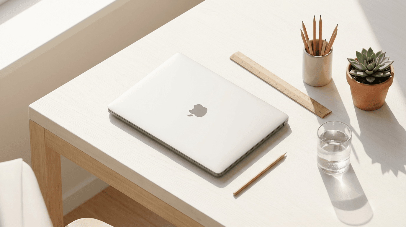 Overhead view of organized luxury workspace with planner, coffee, and business essentials