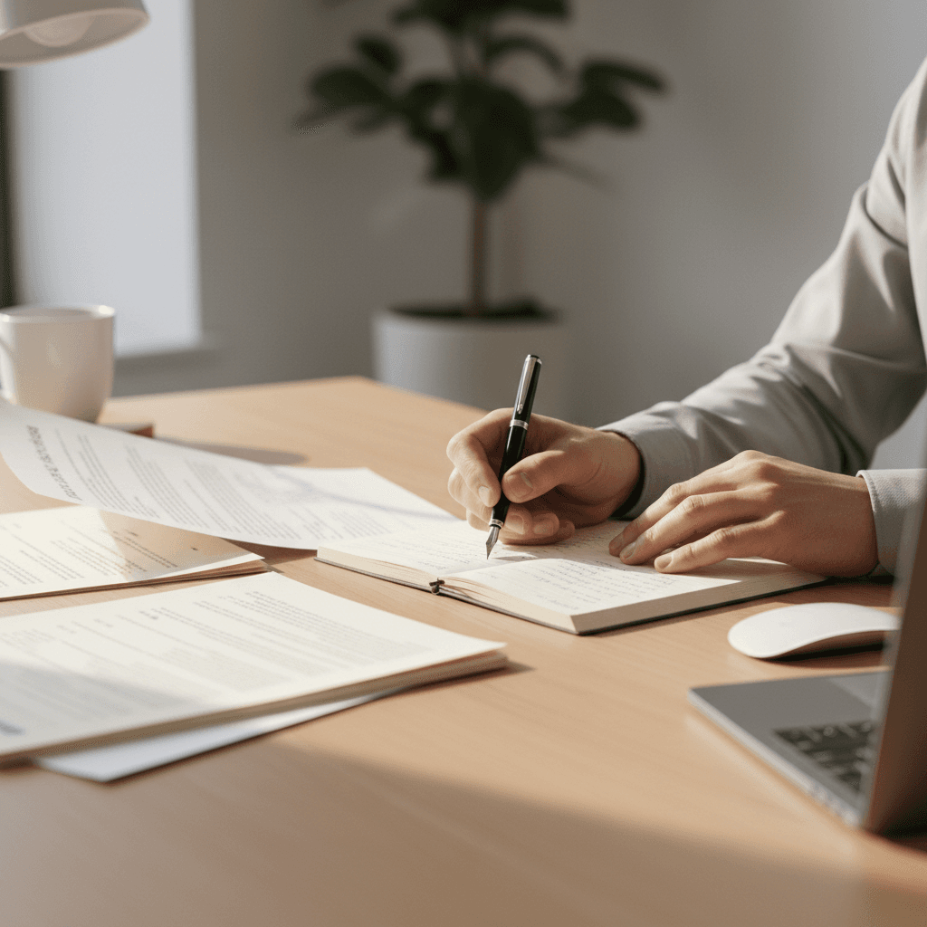 Professional woman's hands holding an open planner at a luxury minimalist desk, soft natural light