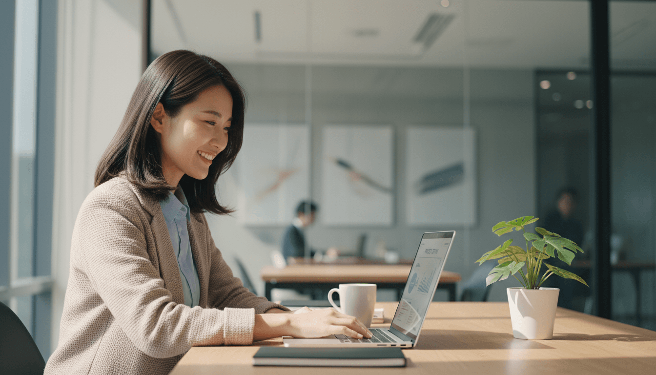 Marie reviewing organized digital files at her desk