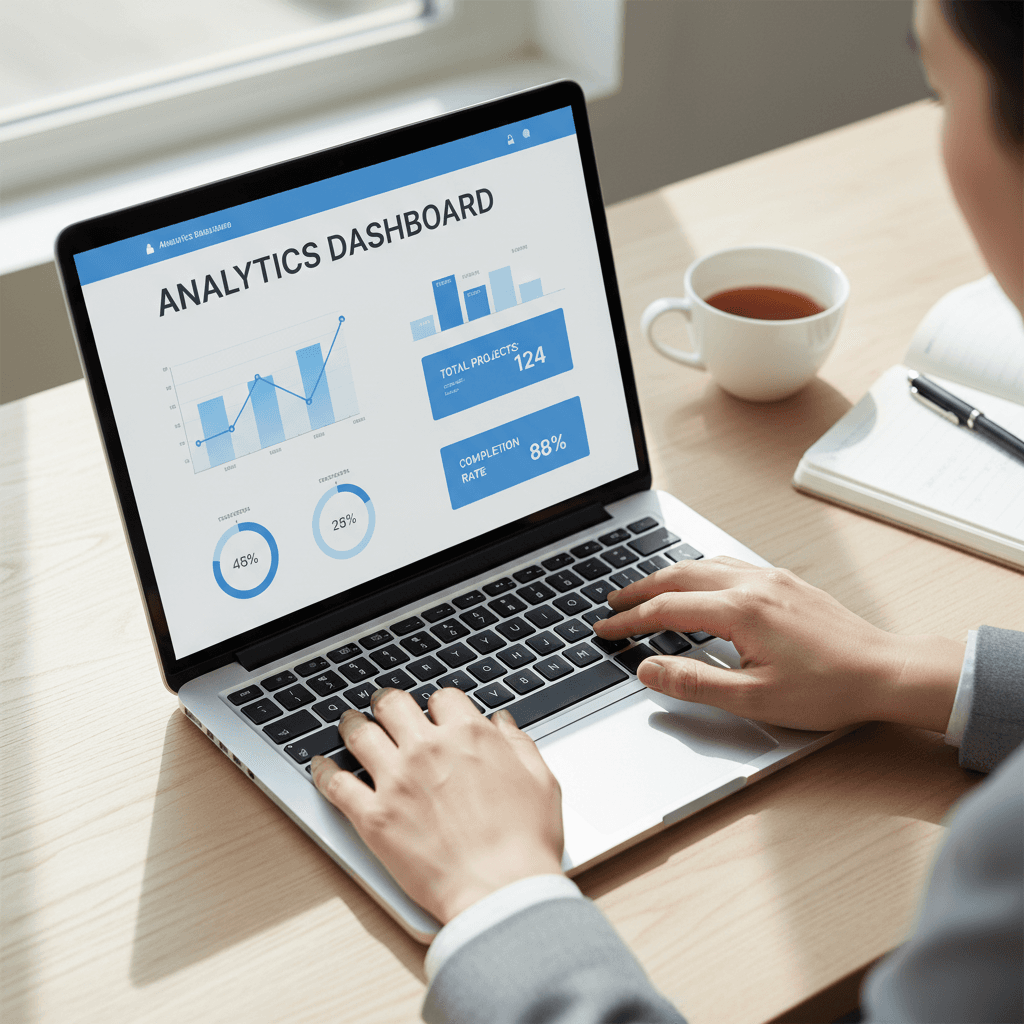 Woman managing CRM on laptop with professional workspace setup