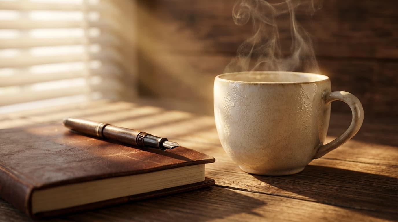 Woman's hands holding coffee at an organized desk with notepad and pen