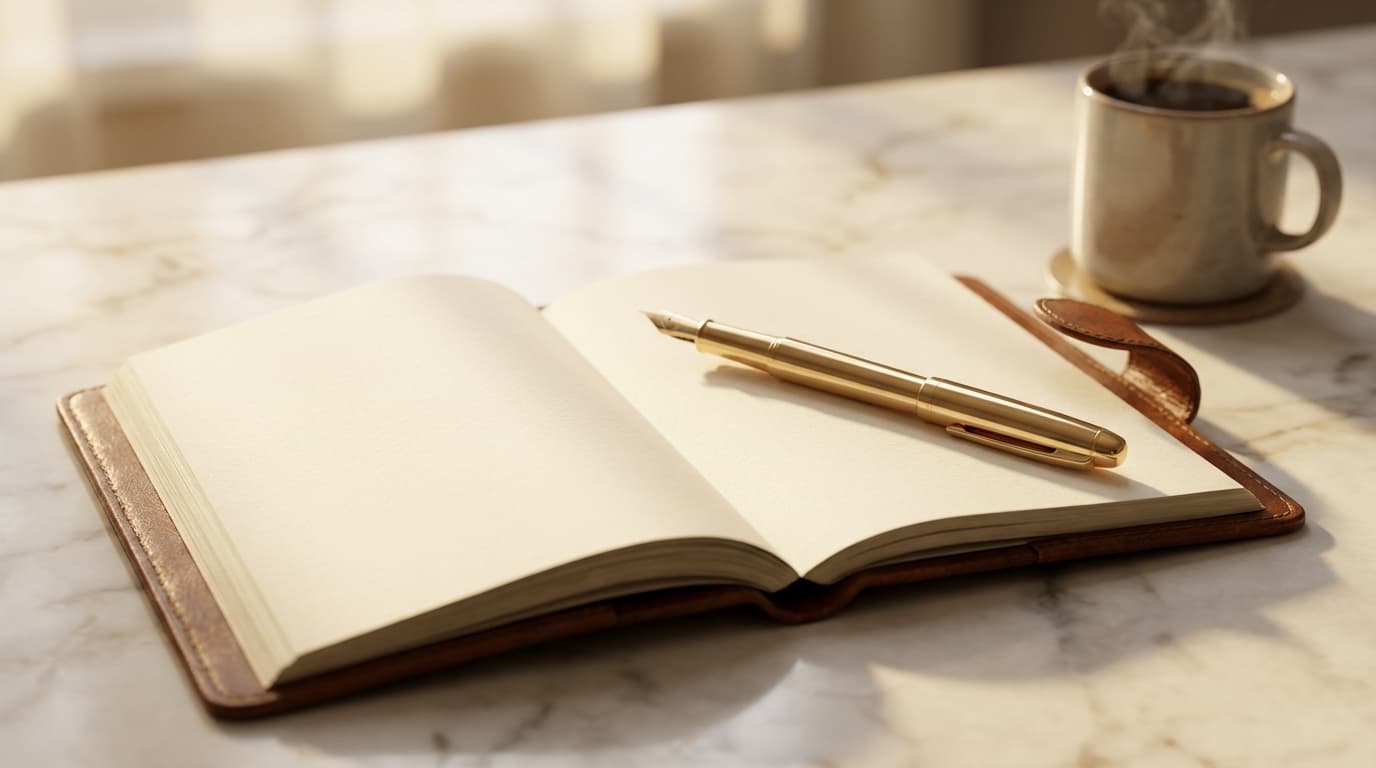 Hands holding an open planner with gold pen on a minimalist desk with morning coffee