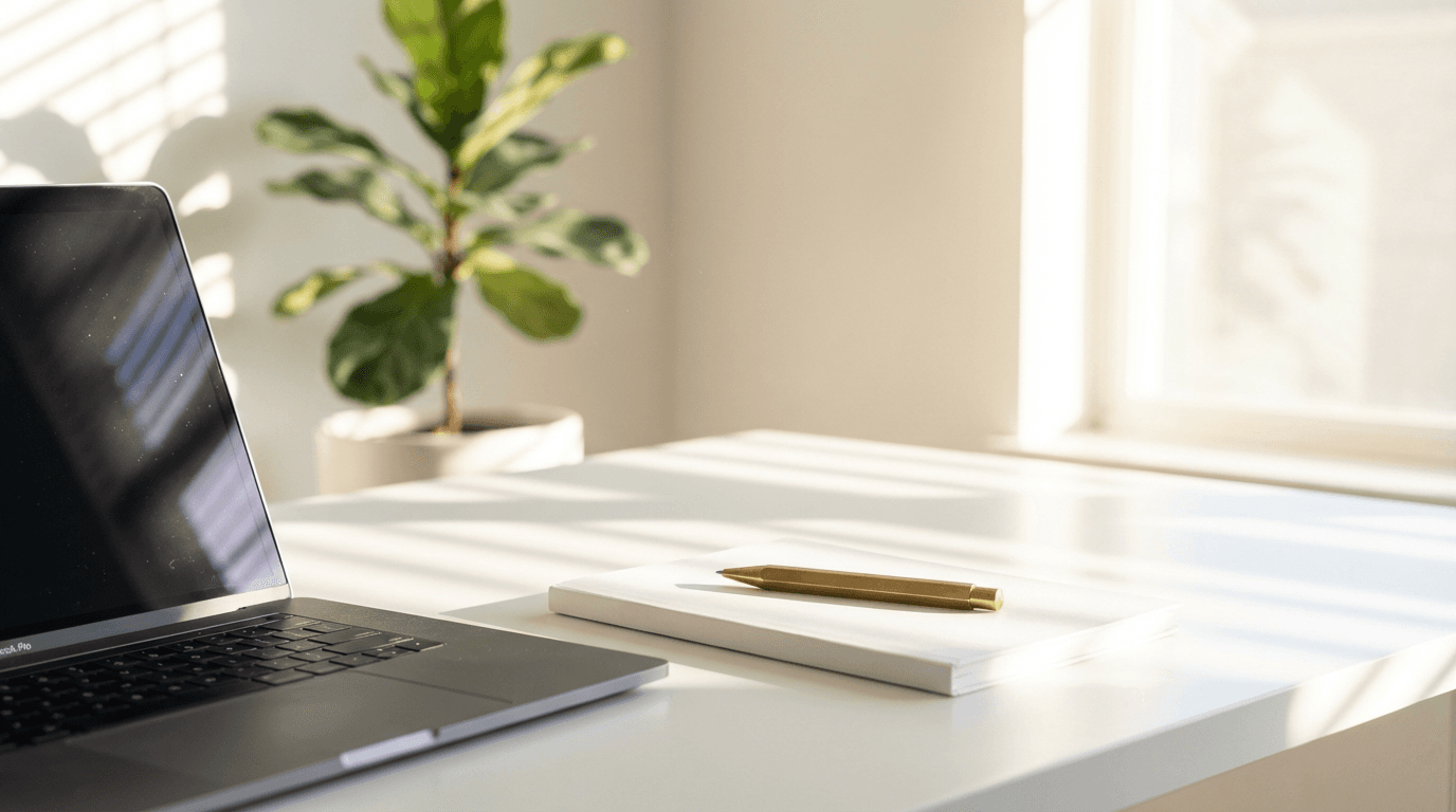 Modern executive desk setup with computer, planner, and organized workspace