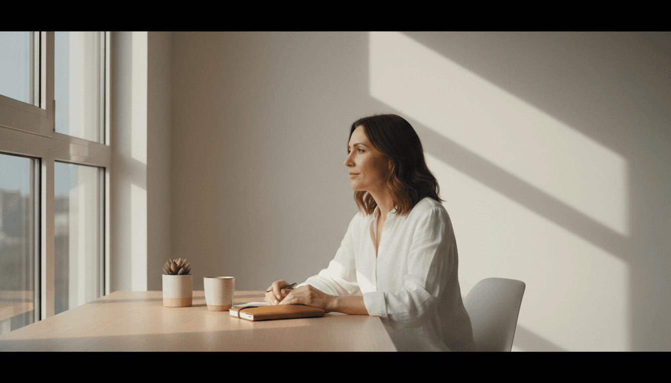 Professional woman at a minimalist desk reviewing notes in a bright, organized workspace